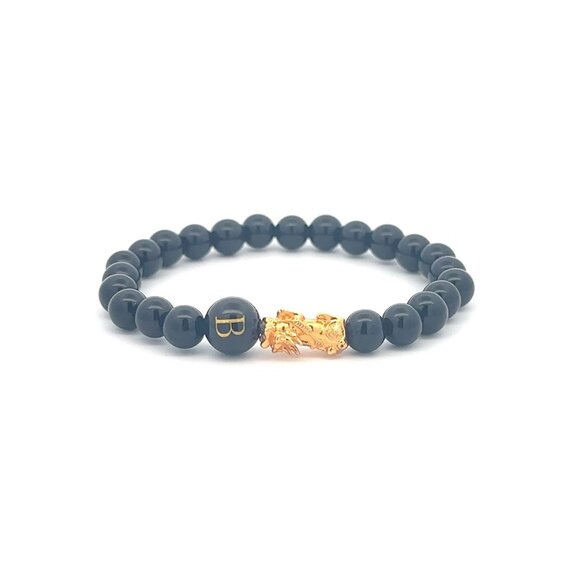 18K Gold Pixiu Piyao Bracelet Gemstones Onyx 6mm Elastic Bracelet Letter B - Picture 1 of 6